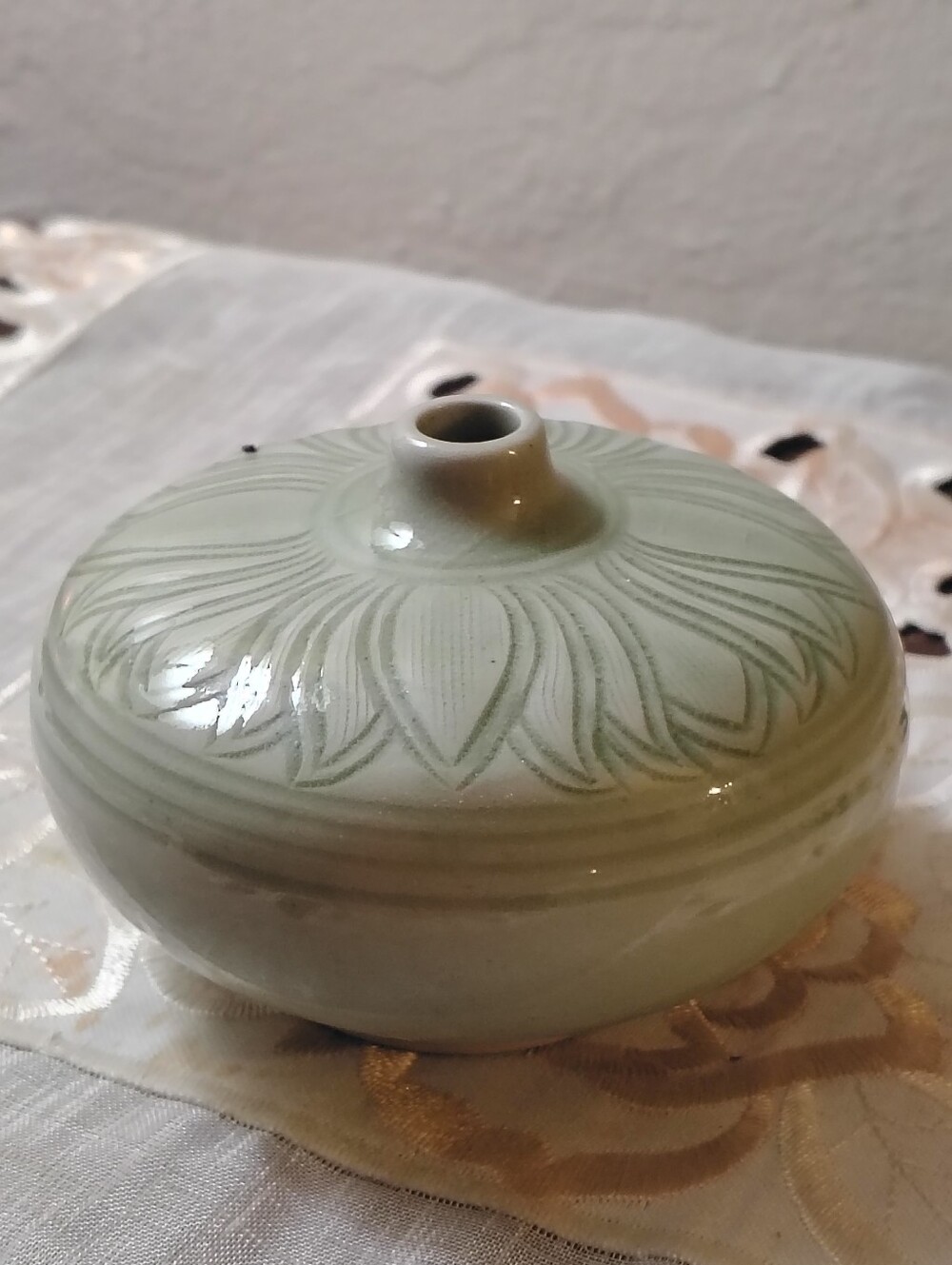 Vintage Signed Celadon Glaze Bud Vase Carved Lotus Motif Flat Globular Yubyeong